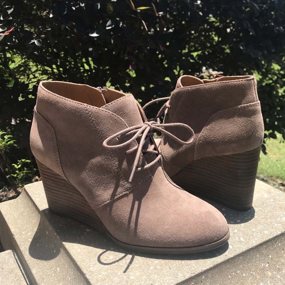 Lucky Brand Shylow Taupe Lace Up Wedge Bootie